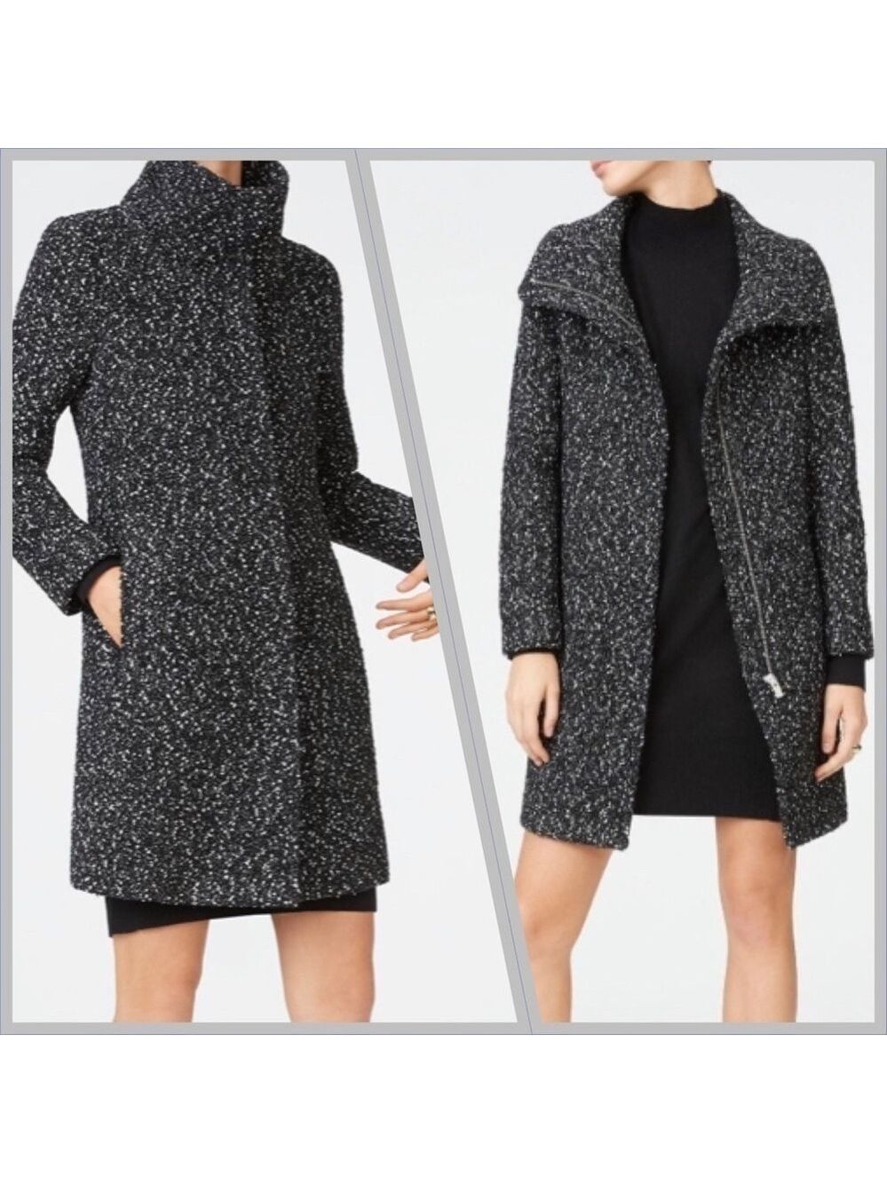Club Monaco. Tweed Funnel Neck Wool blend coat. Black and white. - Picture 1 of 15